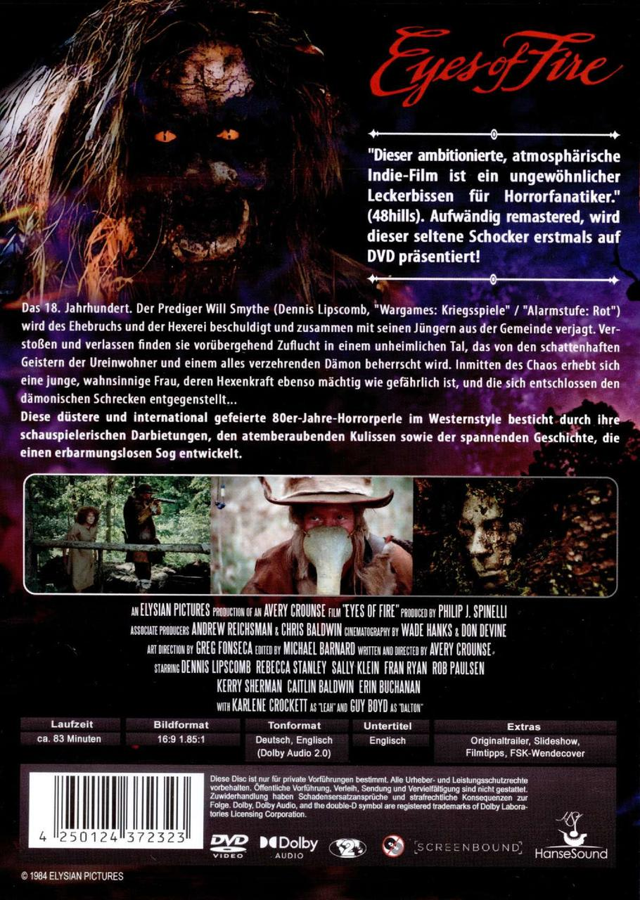 DVD-Cover von 'Eyes of Fire'. Dunkles Bild einer Kreatur und Text über den Film.
