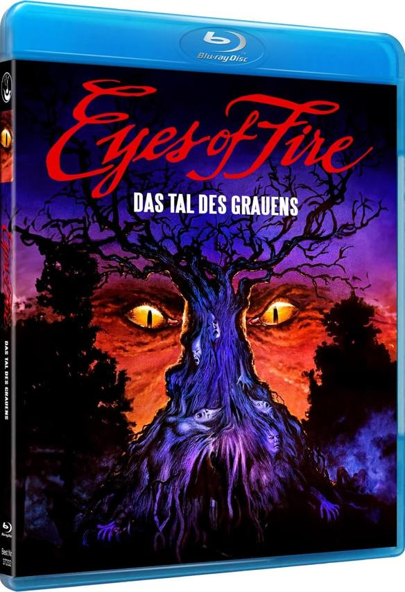Ein blaues Blu-ray-Disc-Case mit dem Titel 'Eyes of Fire' und einem surrealen Baum-Bild.