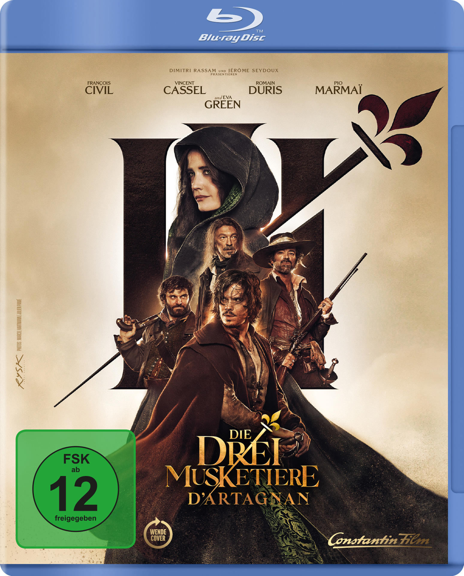 Die Drei Musketiere D'Artagnan Blu-ray-Cover. Zeigt Personen in historischer Kleidung, Schwertkampf.
