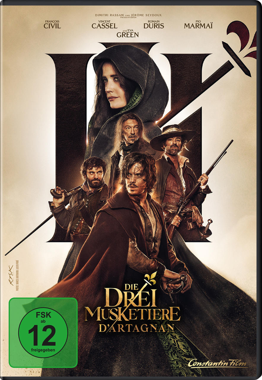 Filmposter: Die drei Musketiere. Mehrere Schauspieler sind im Vordergrund, Eva Green im Hintergrund.