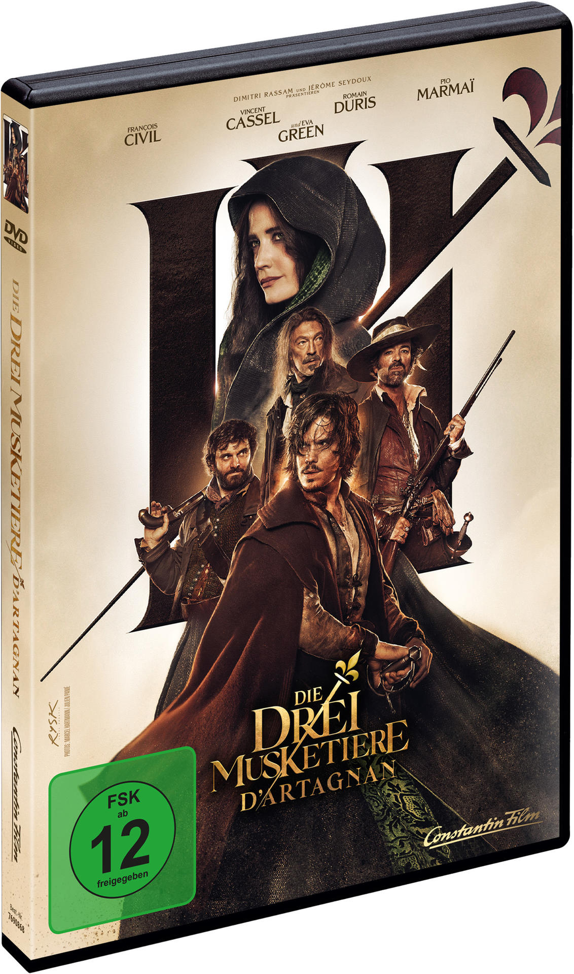 DVD-Hülle, Die Drei Musketiere: D'Artagnan. Bild von Schauspielern. Grüner FSK 12-Aufkleber.
