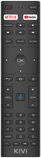 Egy fekete KIVI távirányító, több gombbal, beleértve a Netflixet, a YouTube-ot és a Google Asszisztenst.