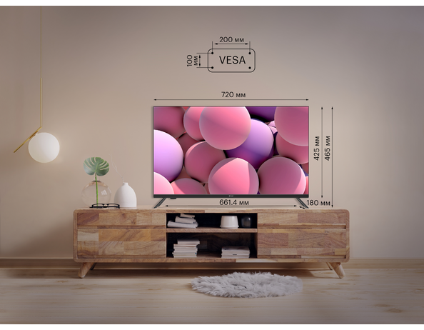 Egy TV egy fa állványon, méretekkel és VESA tartóval jelölve.