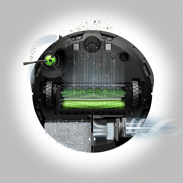 Un aspirateur robot Roomba vu d'en haut.