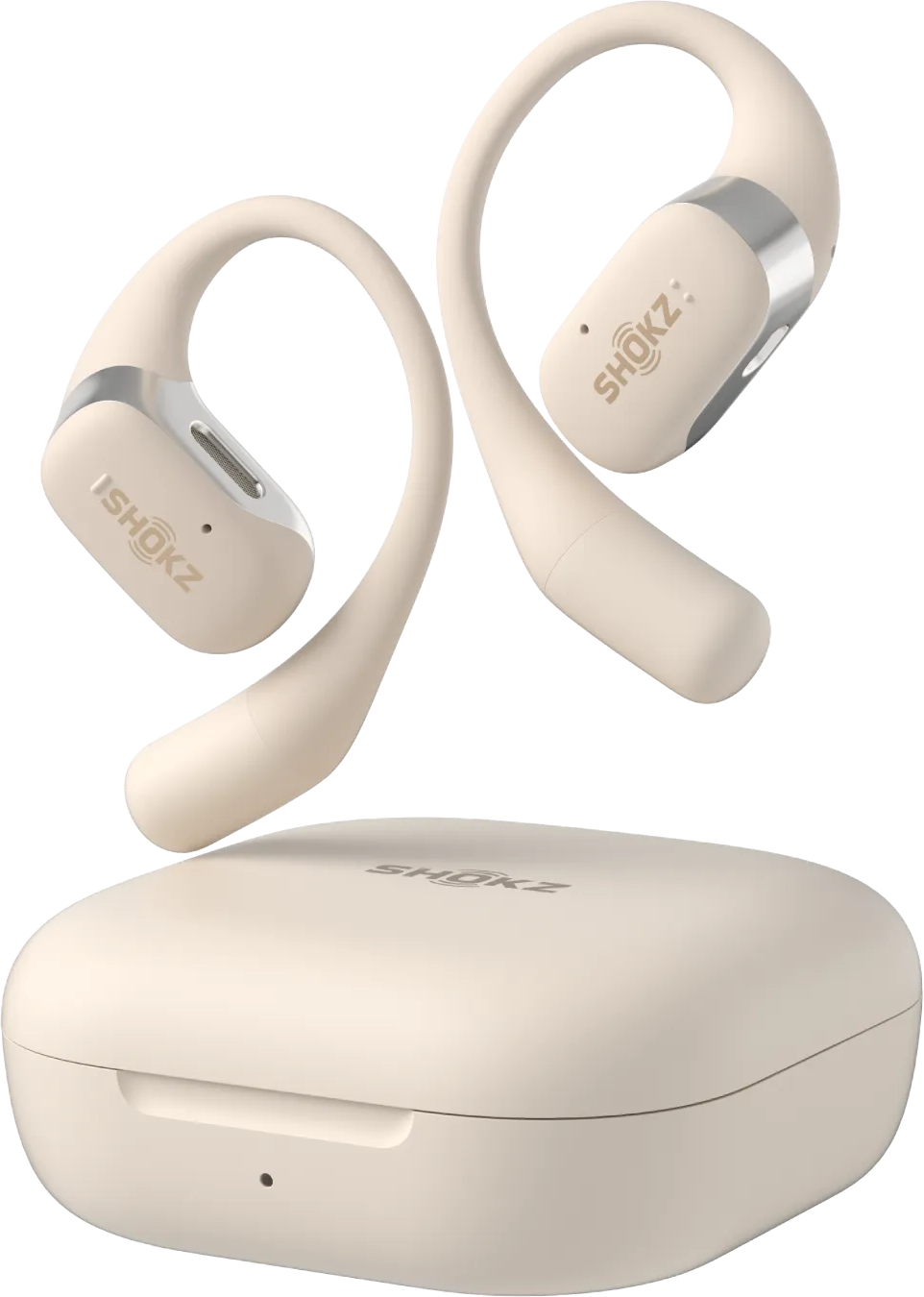 Casque à conduction osseuse Shokz beige et un étui de chargement assorti.