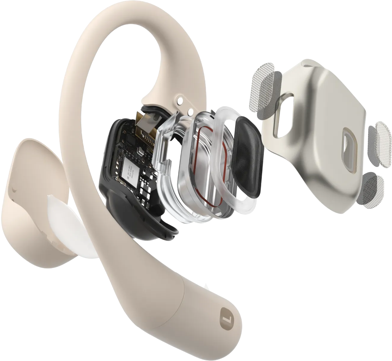 Écouteurs intra-auriculaires beiges et noirs, vue éclatée, montrant les composants.