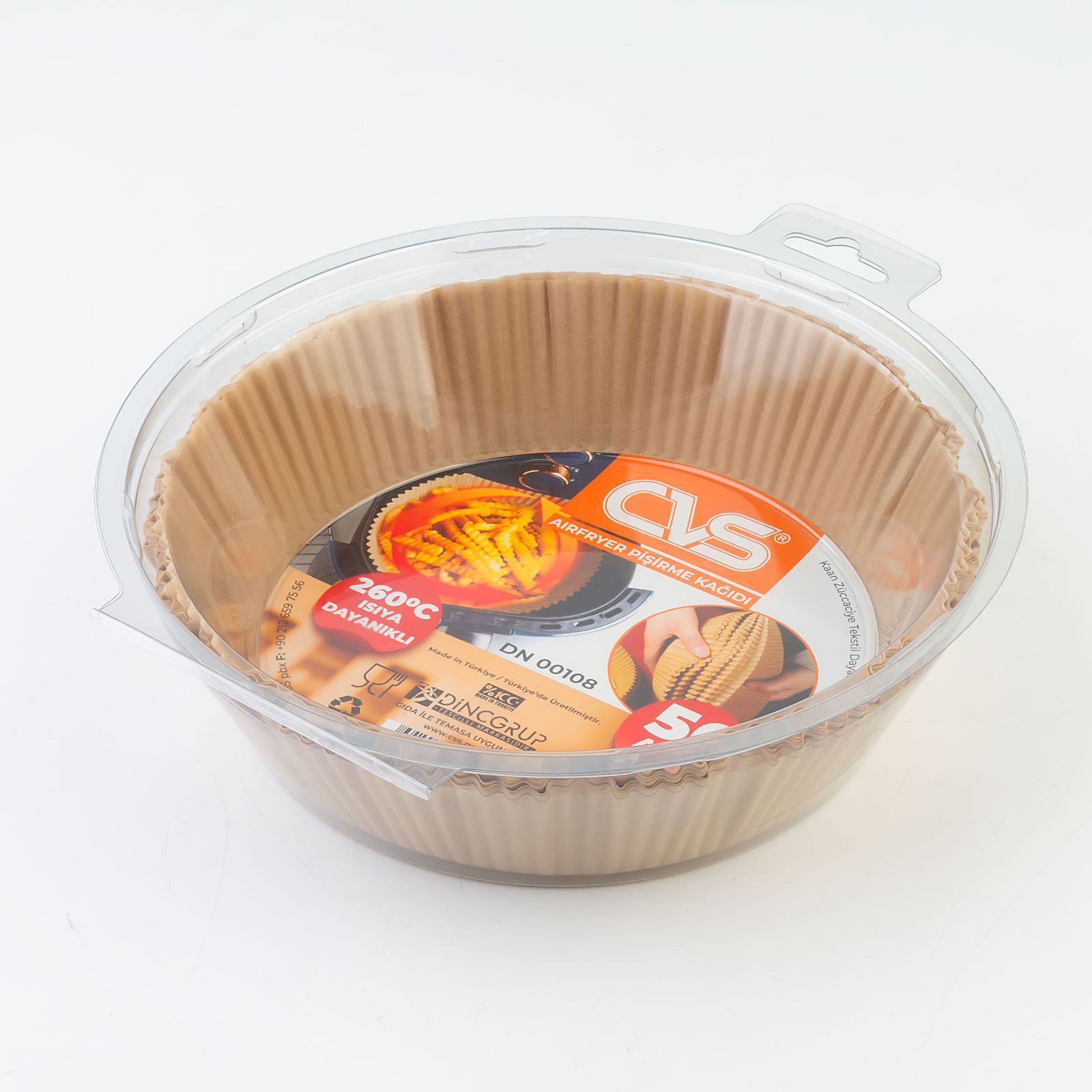 Hava fritözü kağıt astarları şeffaf bir kapta, etiket görünür.