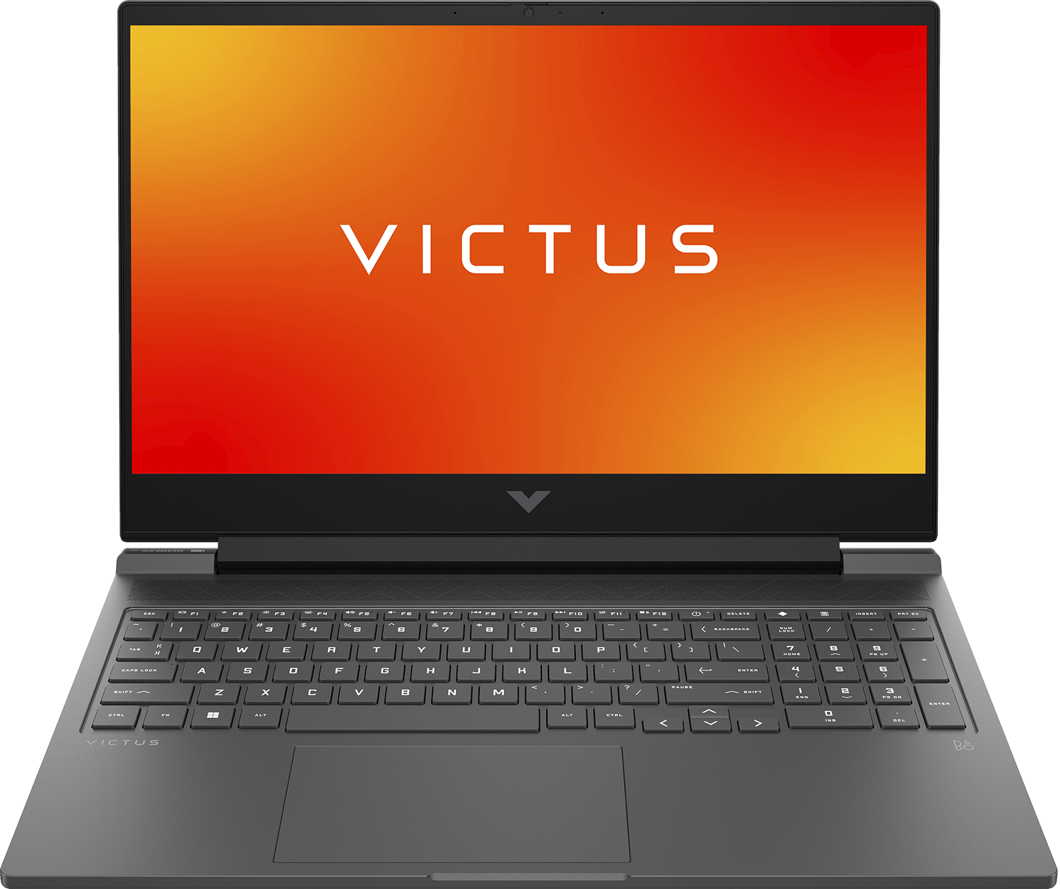 Un ordinateur portable gris est ouvert, montrant un écran avec "VICTUS". Le clavier est visible, et le fond est un dégradé.