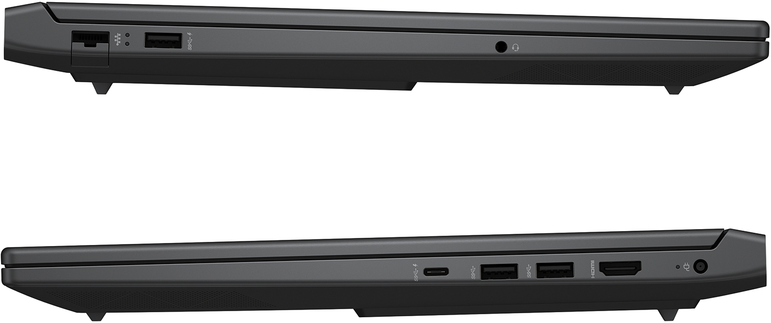 Deux côtés d'ordinateurs portables noirs avec ports. Le haut a Ethernet, USB et prise audio. Le bas a USB-C, USB, HDMI et port d'alimentation.