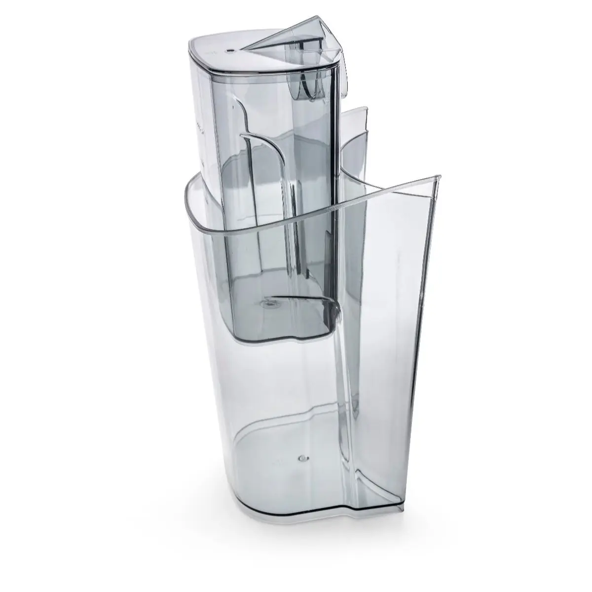 Pichet filtre à eau en plastique transparent. Il comporte trois compartiments emboîtés et une base large.