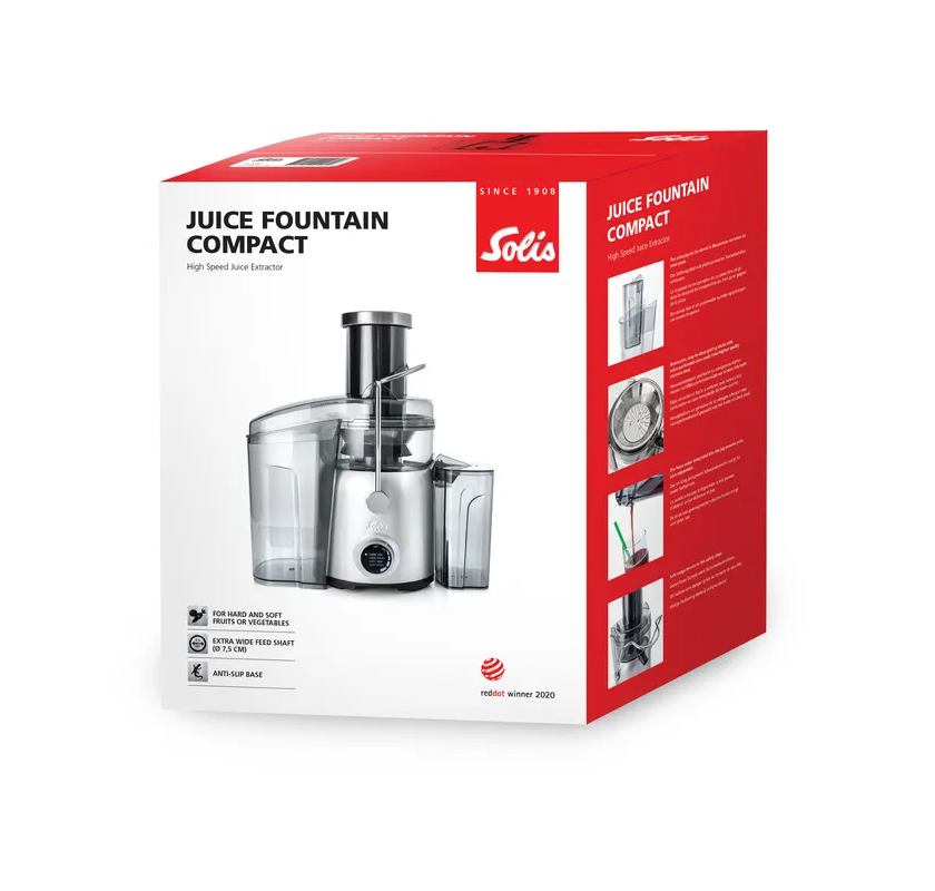 Une boîte Juice Fountain Compact. La boîte montre une image de l'extracteur et détails.