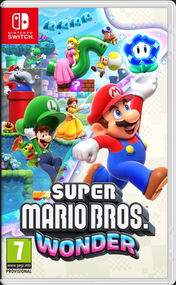Super Mario Bros. Wonder oyun kutusu, Mario, Luigi, Peach ve Daisy ile renkli bir arka plan üzerinde.