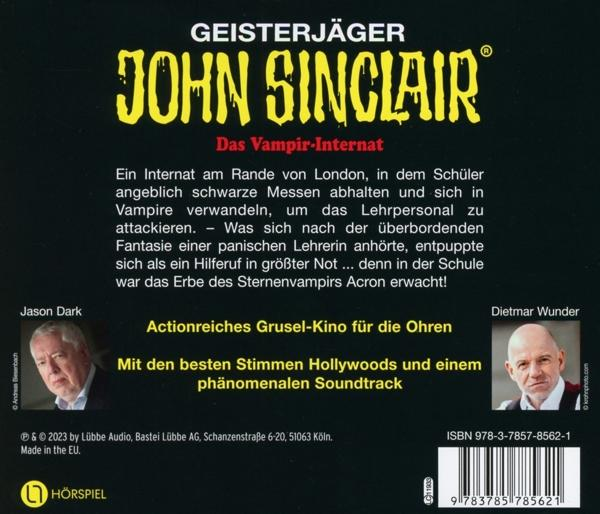Ein Buchcover, 'Geisterjäger John Sinclair'. Text auf Deutsch mit zwei Porträts.