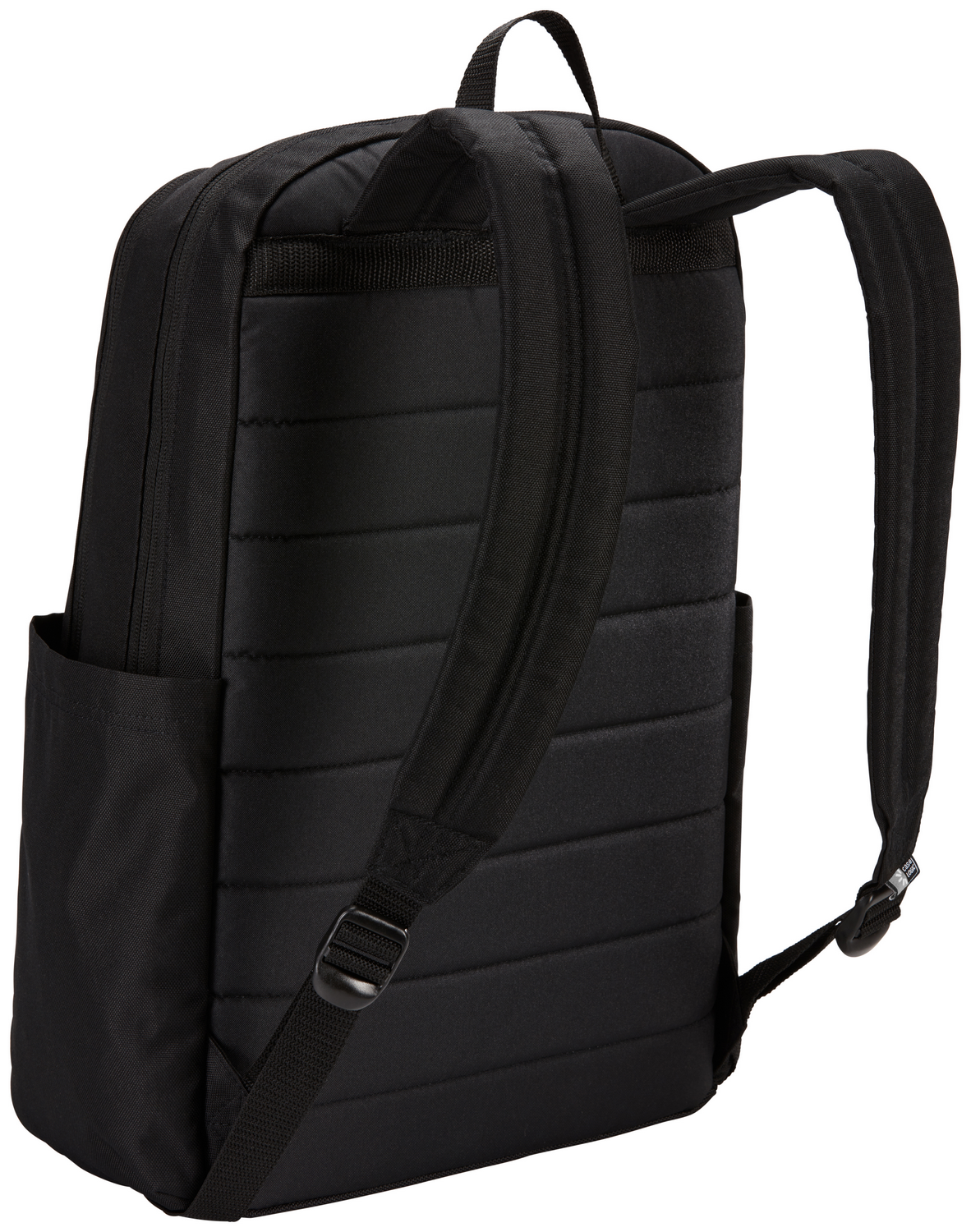 Mochila negra con espalda y correas acolchadas.
