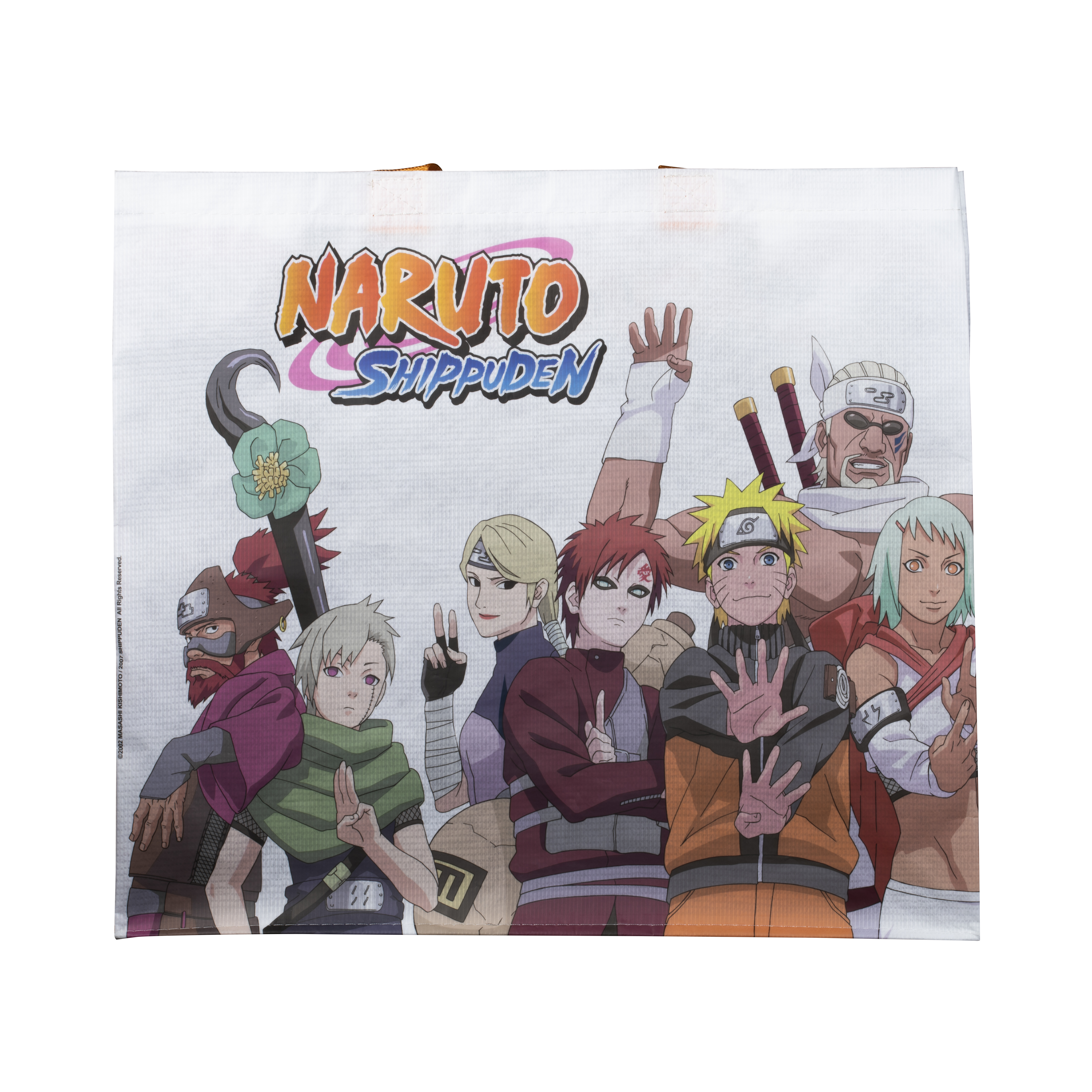 Naruto Shippuden Einkaufstasche mit mehreren Charakteren darauf. Weißer Hintergrund und mehrere Charaktere.
