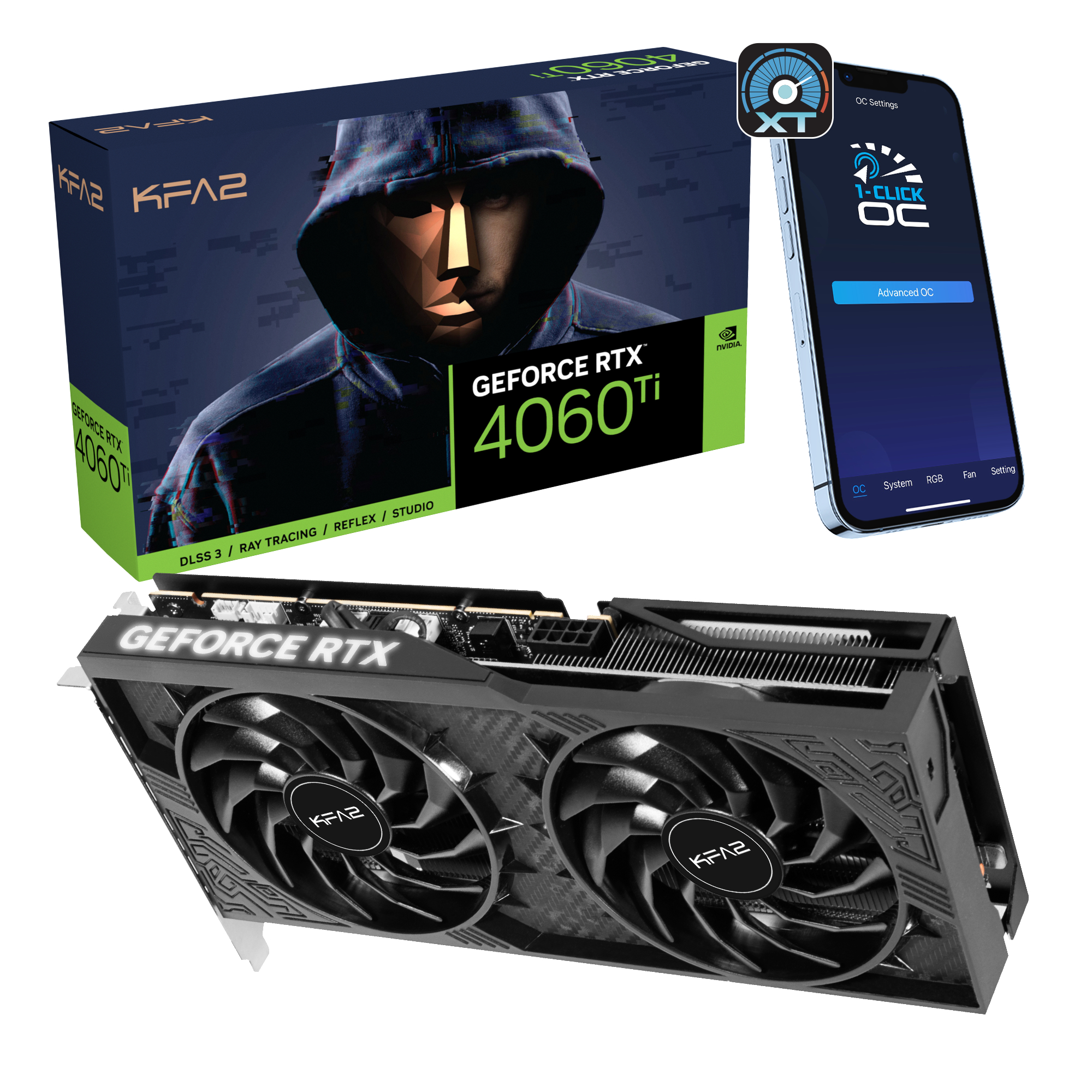 KFA2 GeForce RTX 4060 TI 1-Click OC (46ISL8MD8COK) (NVIDIA, Grafikkarte)