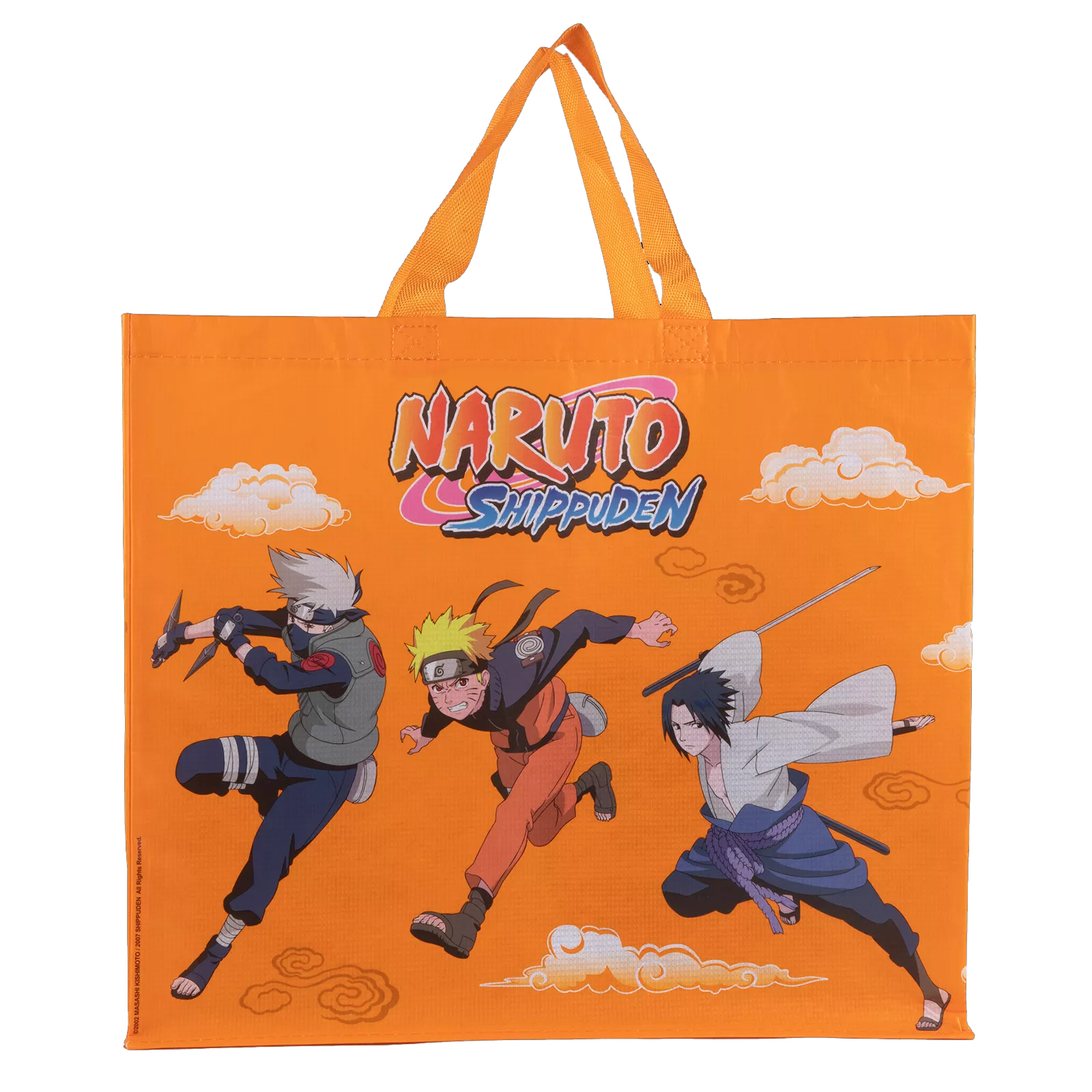 Orangene Tragetasche mit Naruto Shippuden-Charakteren, die rennen, weiße Wolken.