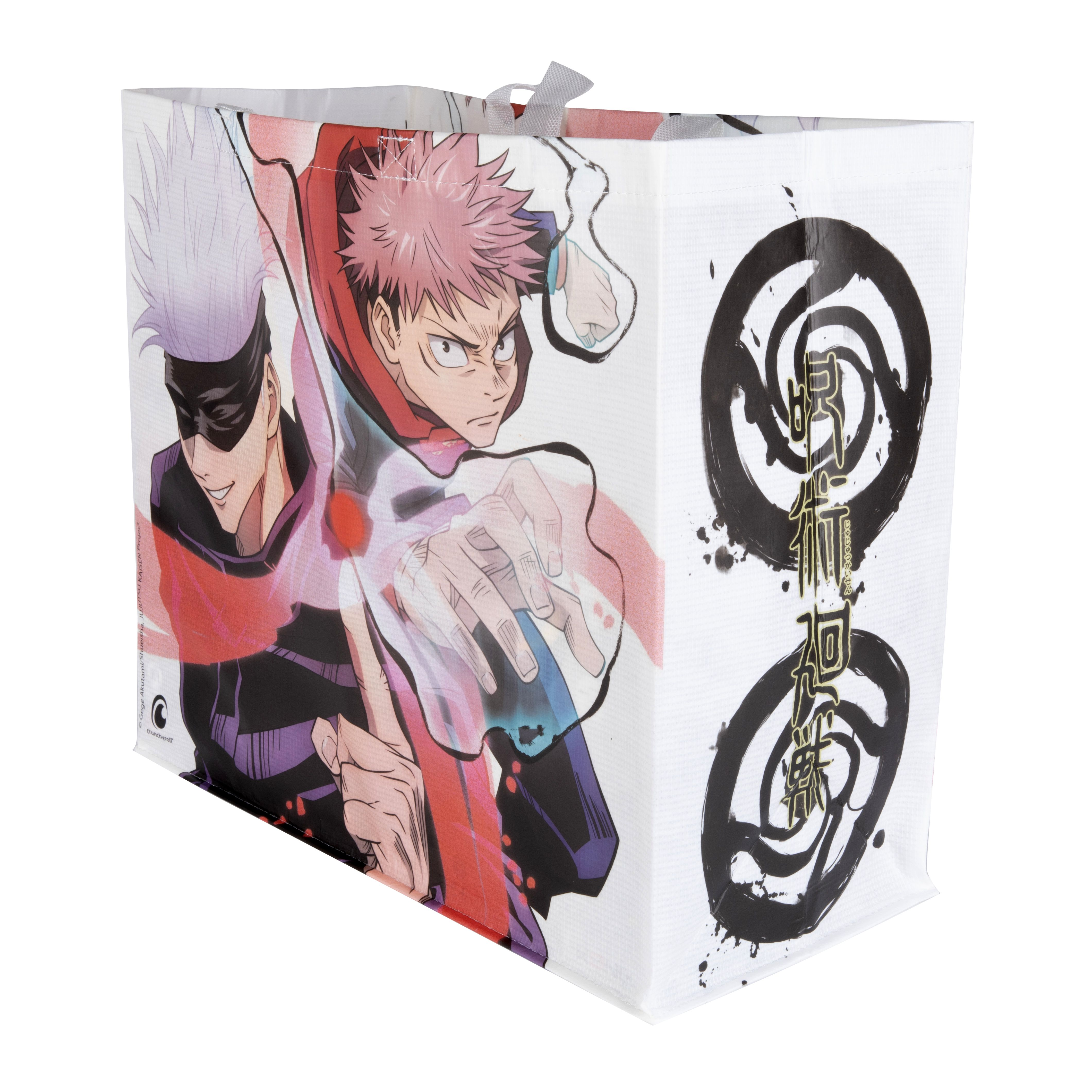 Einkaufstasche mit Anime-Figuren. Weißer Hintergrund.