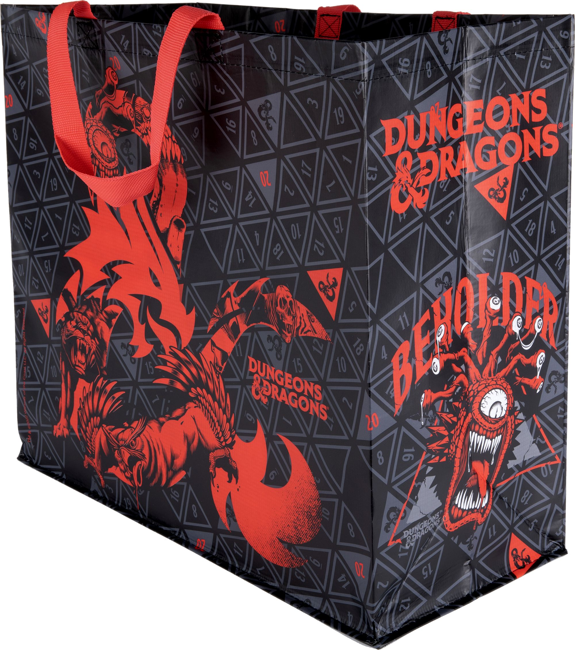 Eine schwarze Dungeons & Dragons Einkaufstasche mit roter Beholder-Illustration und roten Griffen. Graue Dreiecke.