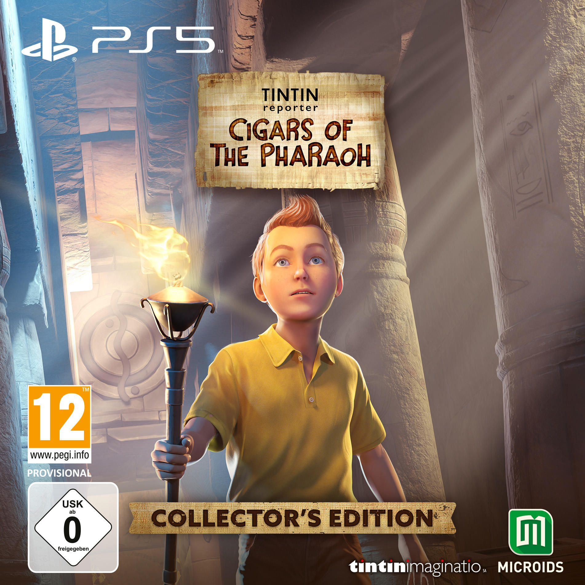 Tintin-Spielcover, Tim mit einer Fackel. Der Titel ist 'Zigarren des Pharao' vor einem Tempel.