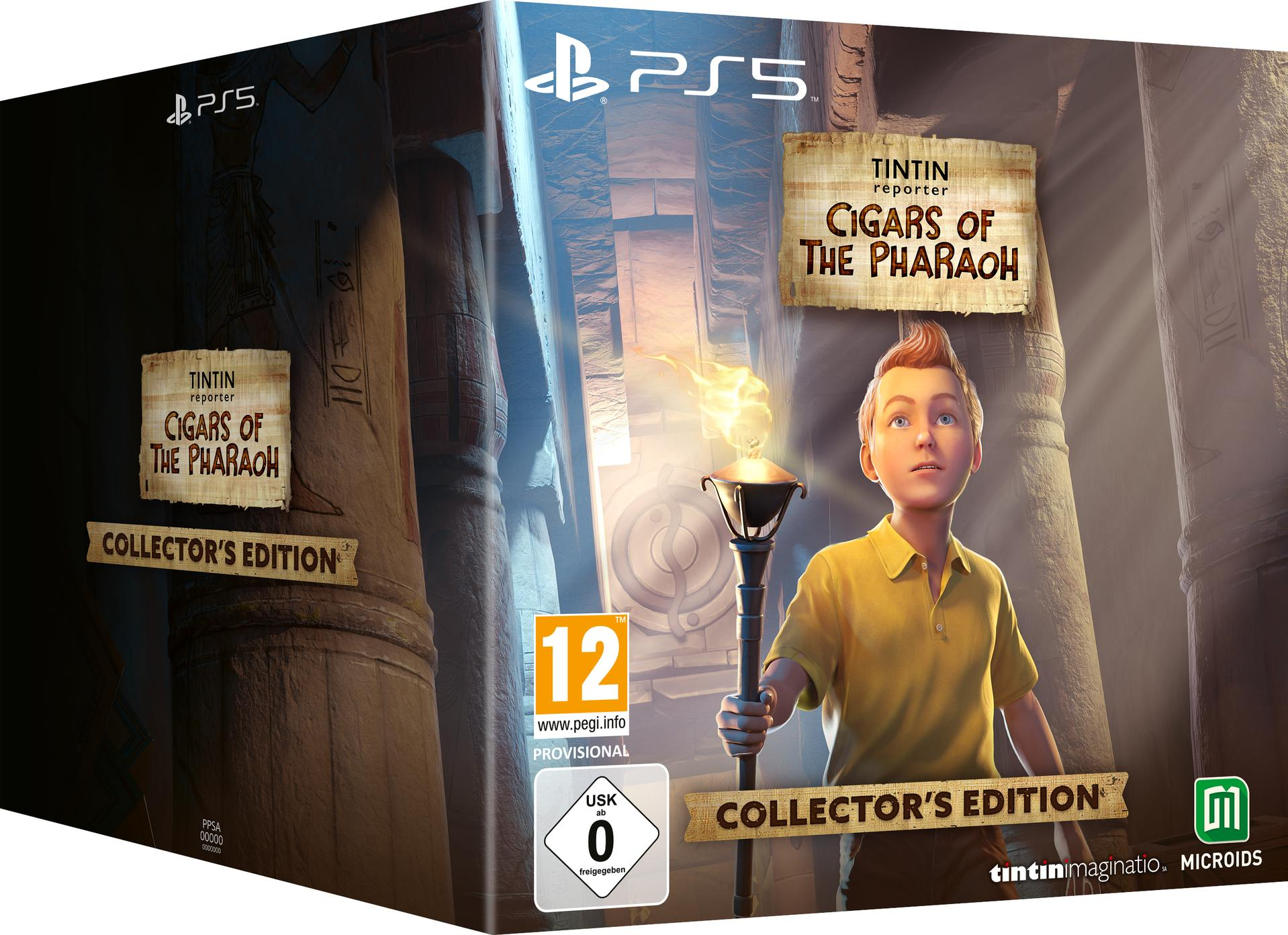Tintin: Zigaretten des Pharao Spielbox mit jungem Tintin mit Fackel.