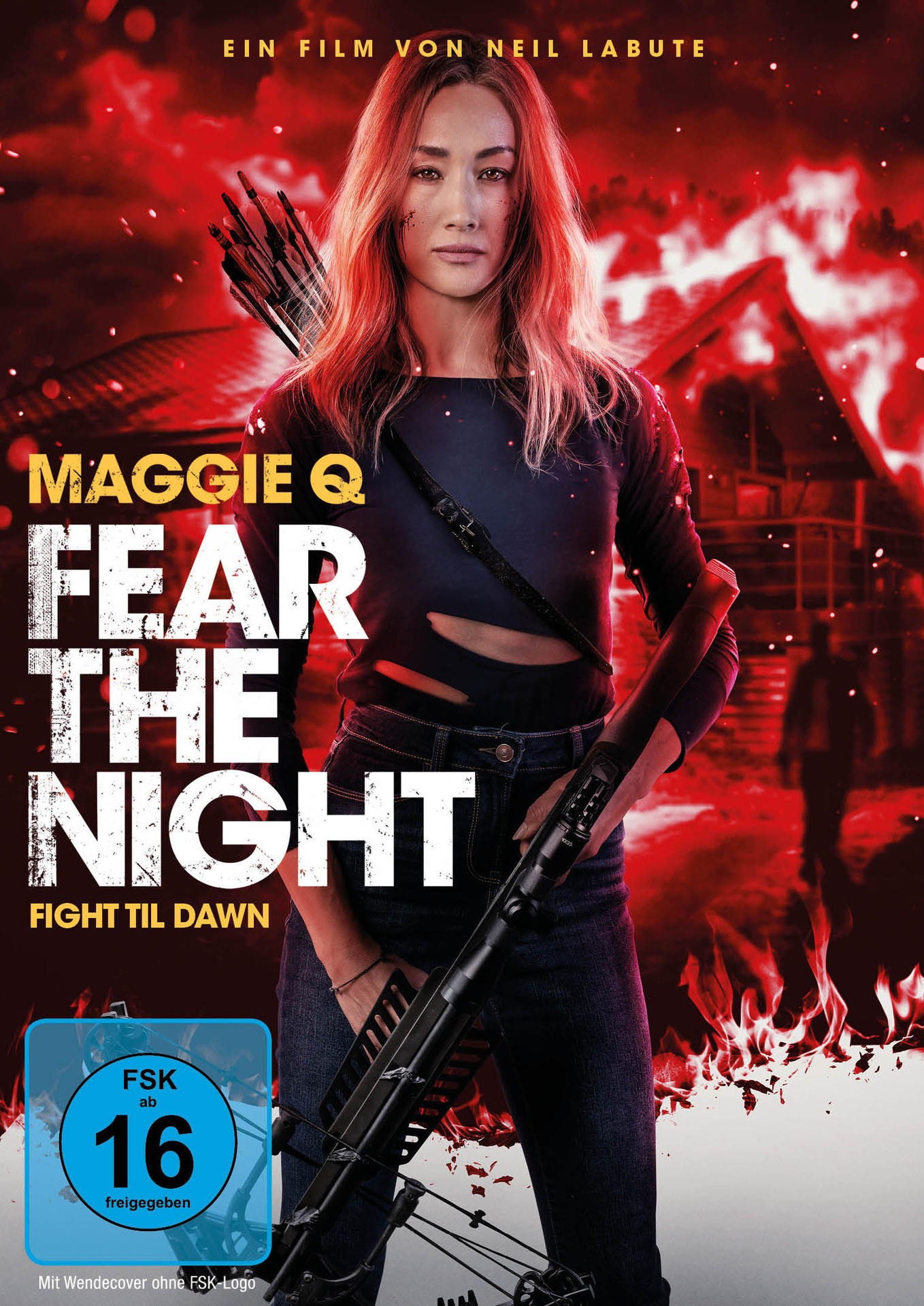 Filmposter mit einer Frau mit Pfeil und Bogen, Flammen im Hintergrund.