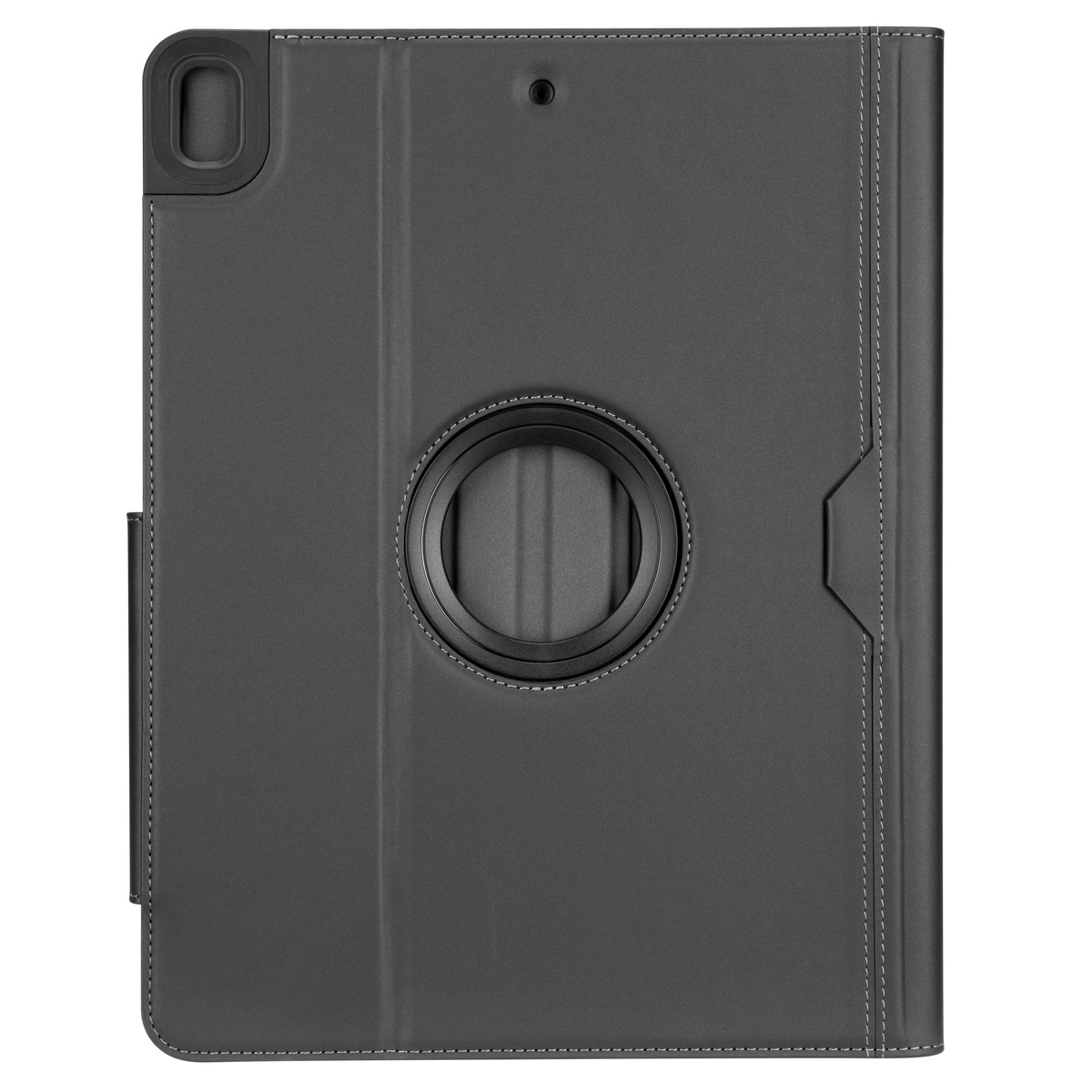 Dönen bir halka ve dikişli bir kenarlığa sahip koyu gri bir tablet kılıfı.