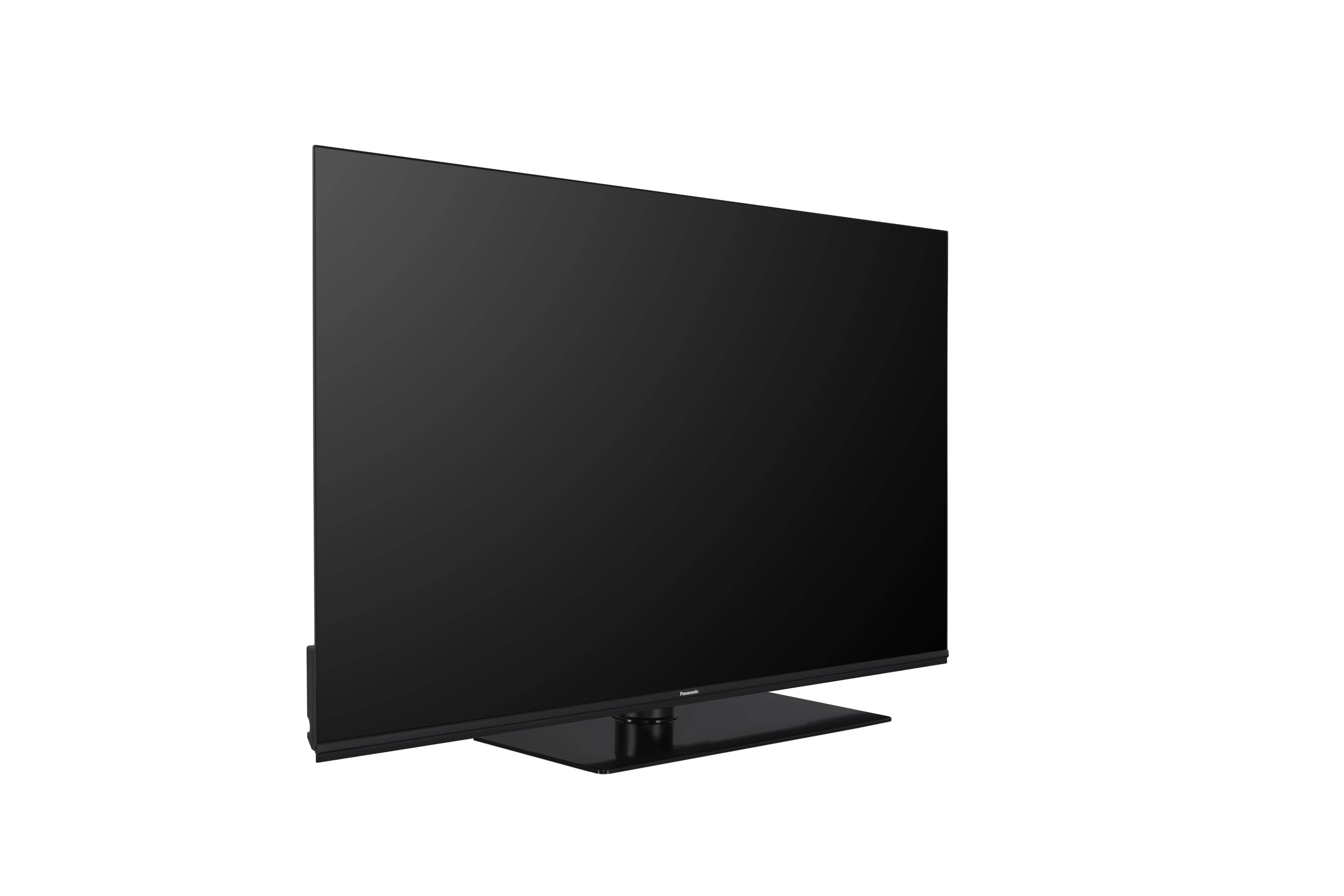Ein schwarzer Fernseher mit einem schwarzen Ständer.