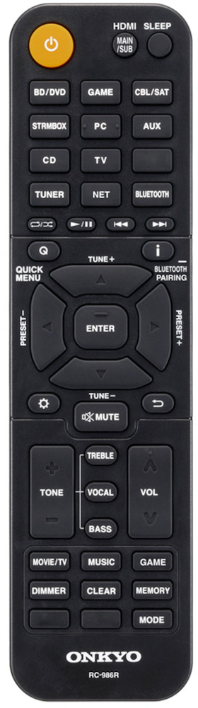 Black remote control with many buttons. It is labeled with various functions.