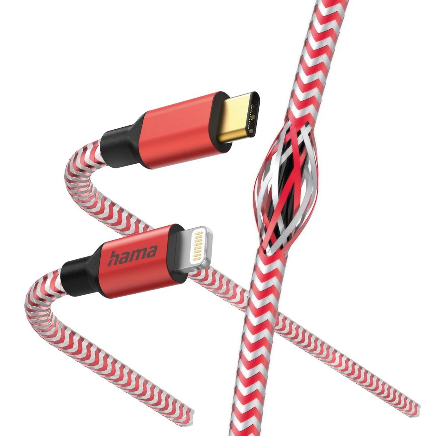 Câble USB-C vers Lightning rouge et blanc, avec les extrémités et une section du câble.