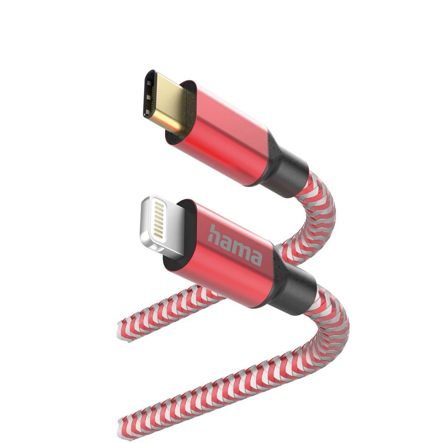 Câble de chargement rouge et blanc avec connecteurs Lightning et USB-C.
