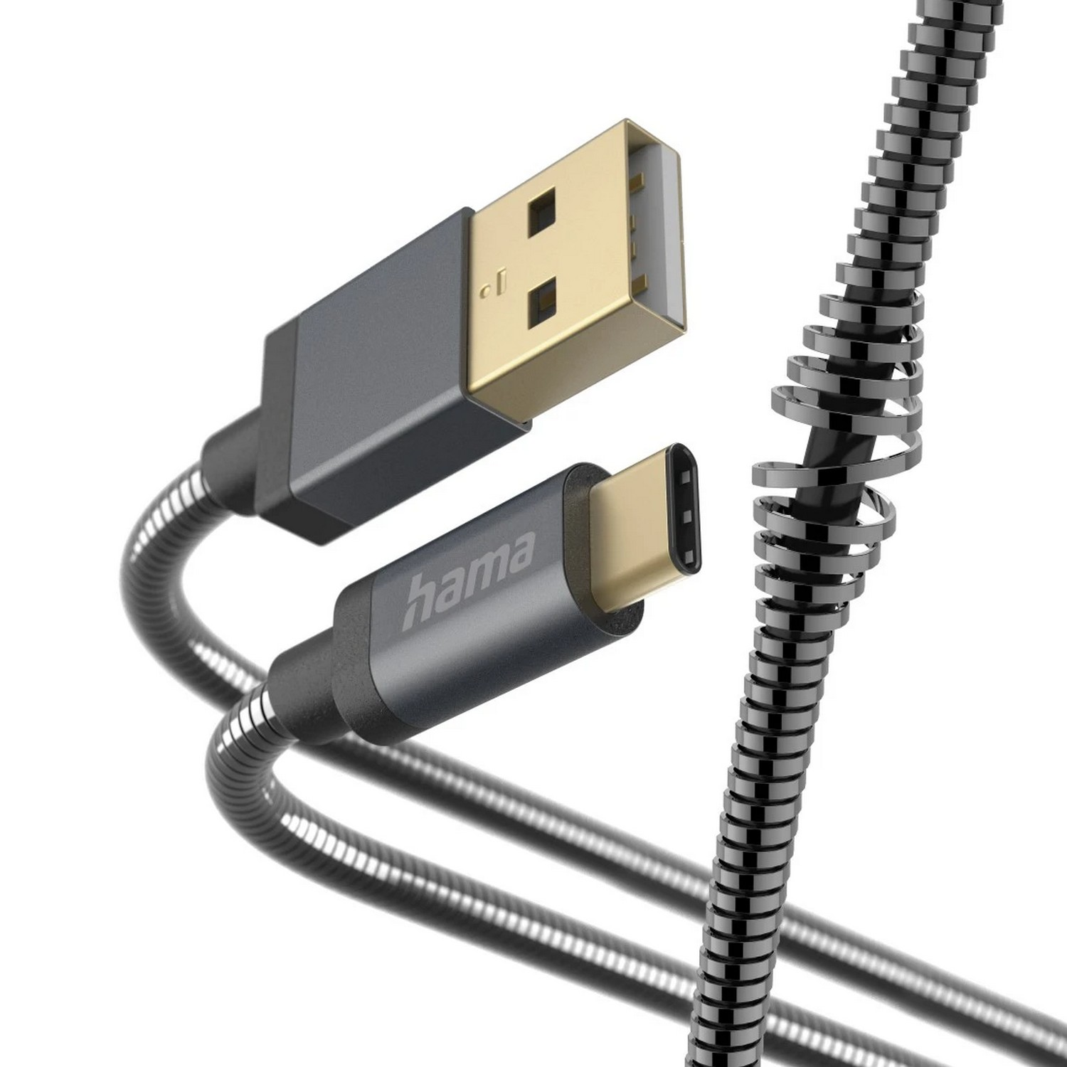 Câble USB : USB-A vers USB-C, gris et argent. Marque Hama. À droite, section enroulée visible.