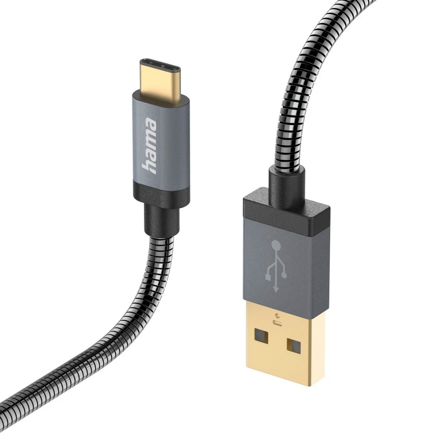 Un câble USB-C vers USB-A avec un revêtement métallique flexible.