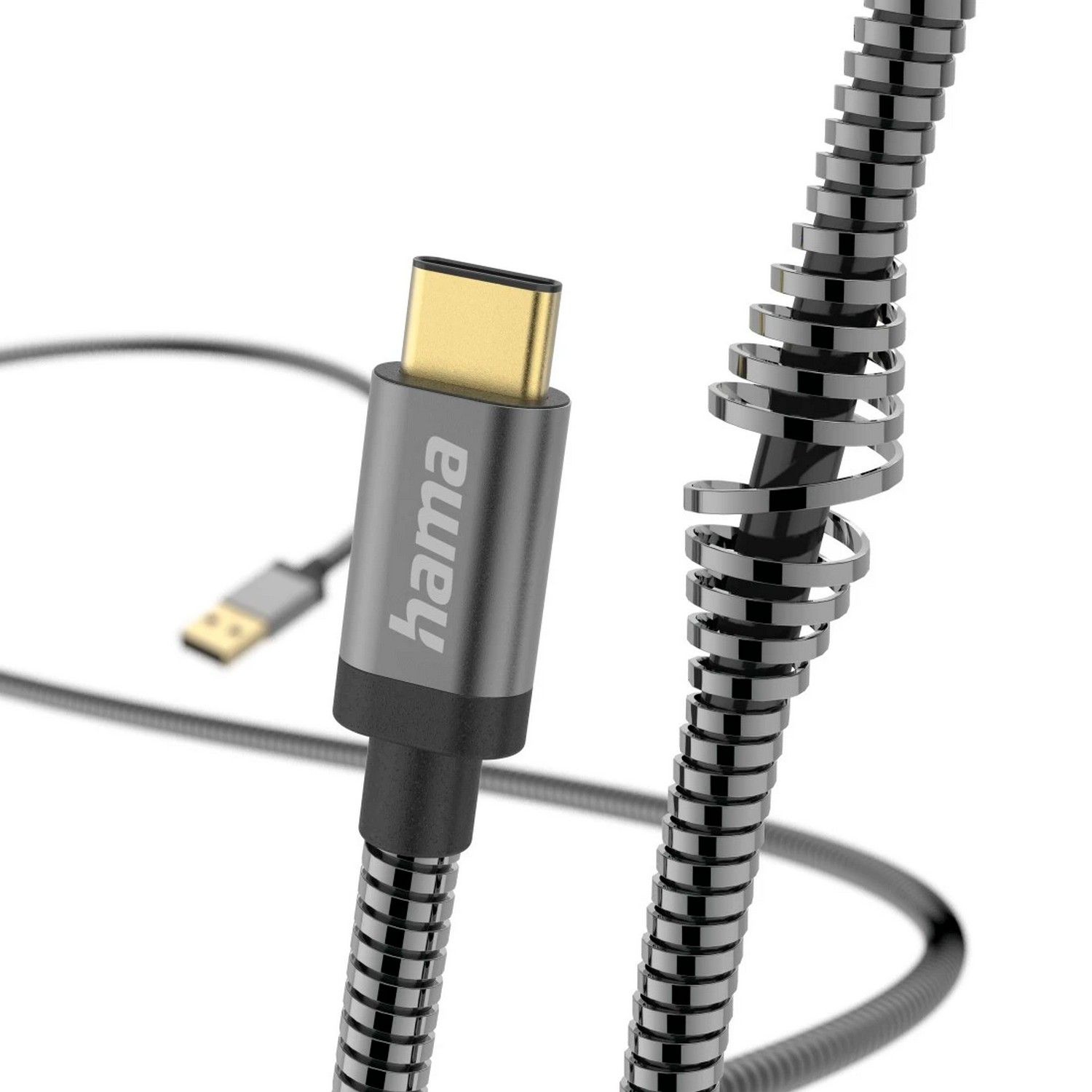 Un câble USB-C Hama avec un design métallique en spirale et un connecteur USB.