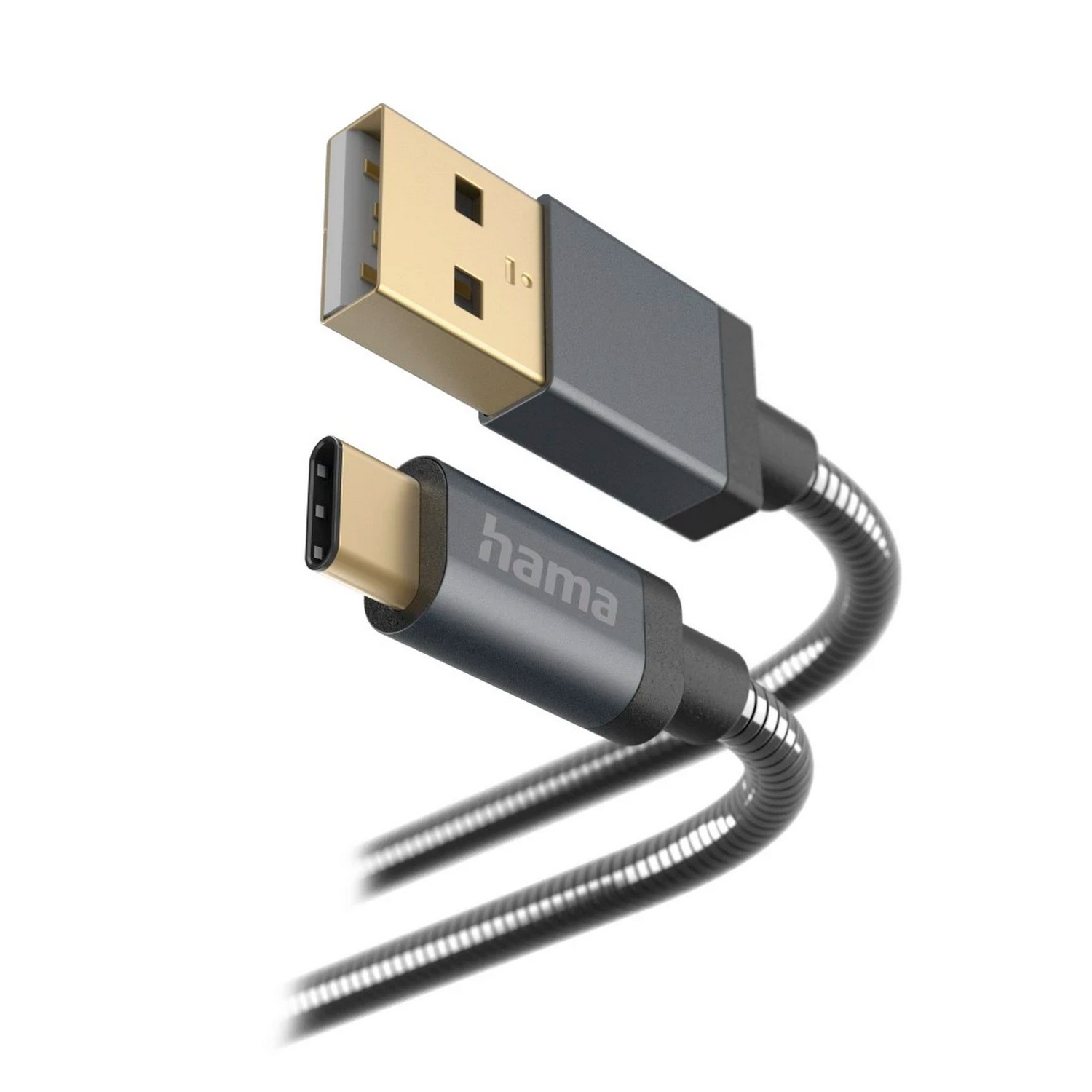 Câble USB vers USB-C. Le connecteur USB est doré. Le câble est noir et métallique.