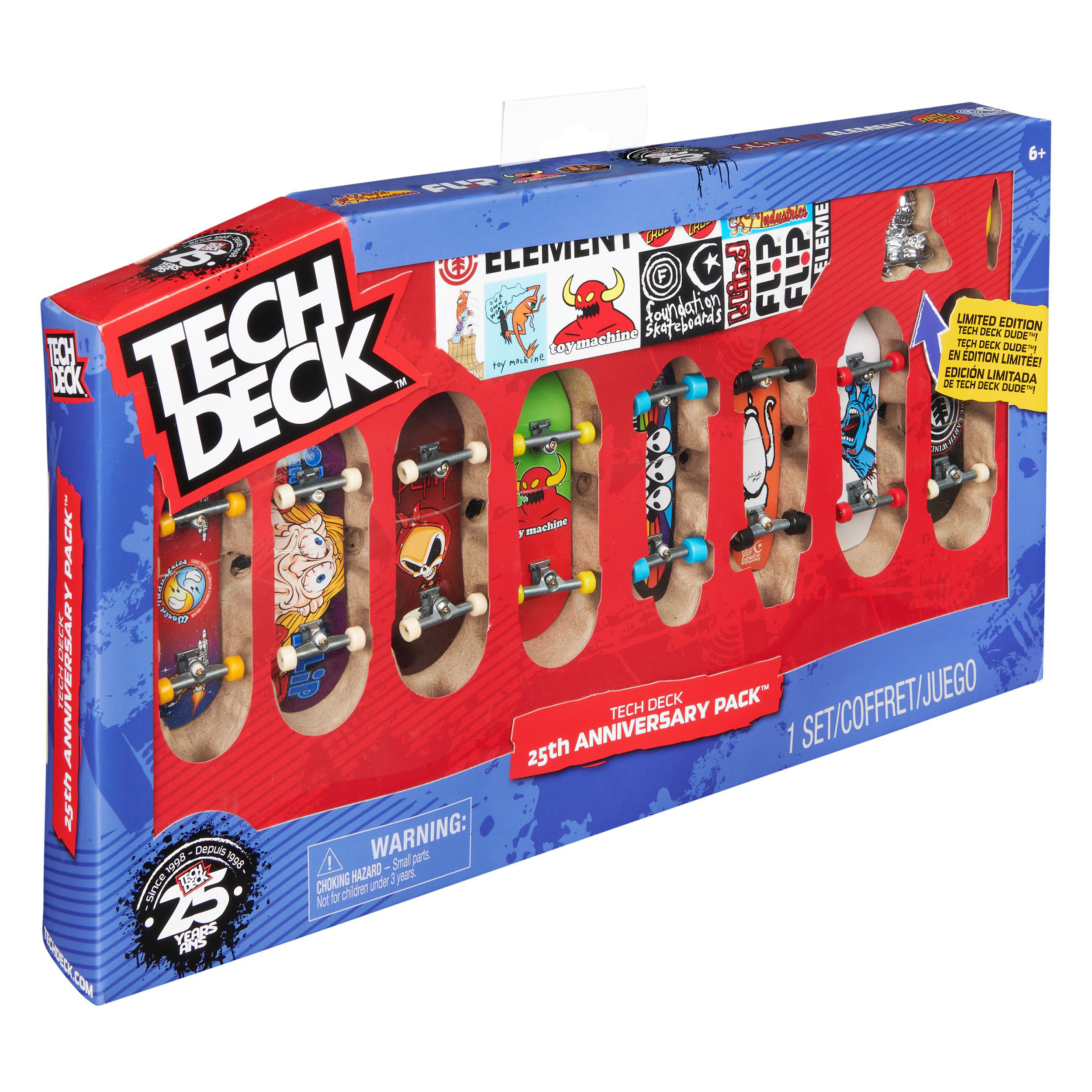 Tech Deck 25th Anniversary Pack, eine Box mit Mini-Skateboards darin.