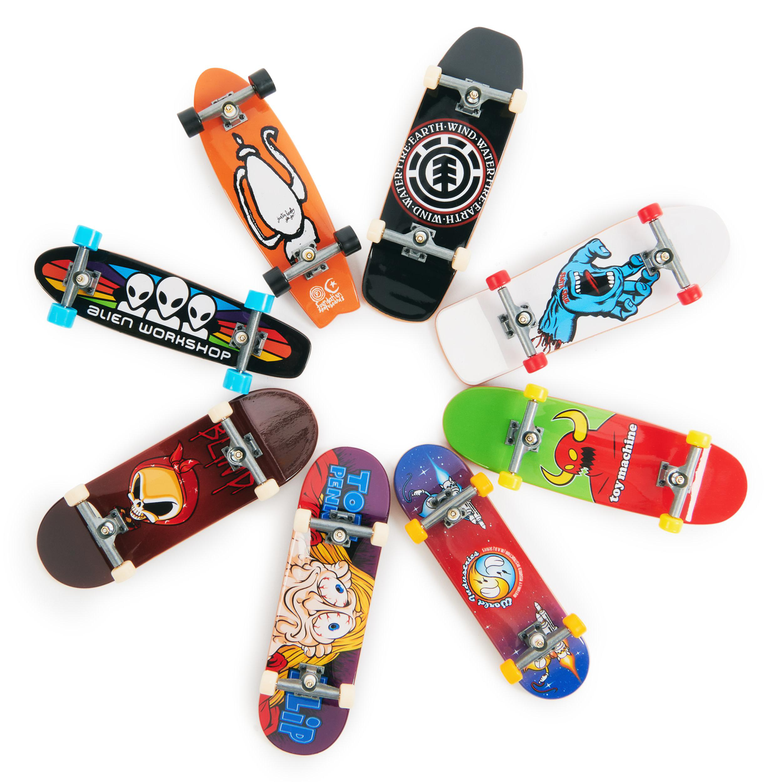 Sammlung von Finger-Skateboards in Kreisform. Jedes Board hat unterschiedliche Designs und Farben. Weißer Hintergrund.