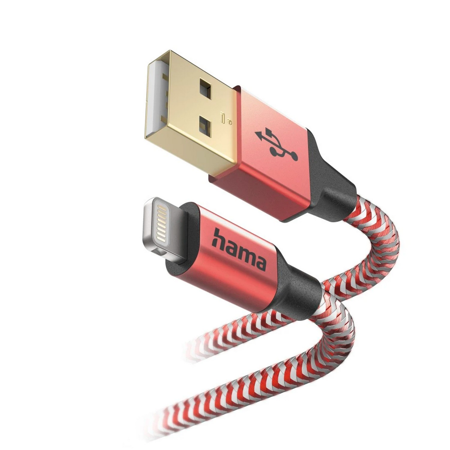 Red and white striped USB to Lightning cable, branded 'hama'.