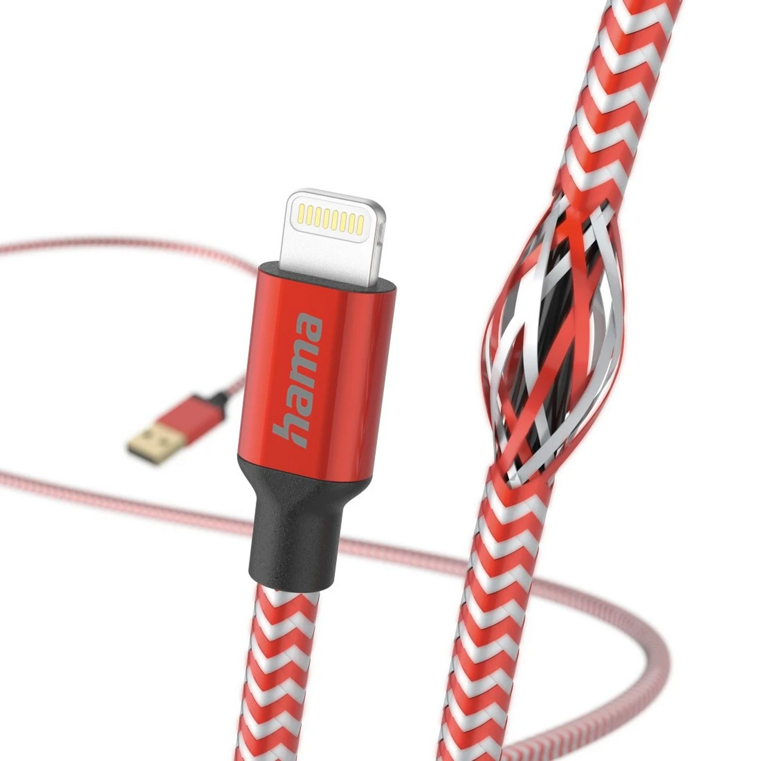 Close-up of a red and white USB to Lightning cable, with the cable's internal structure visible.