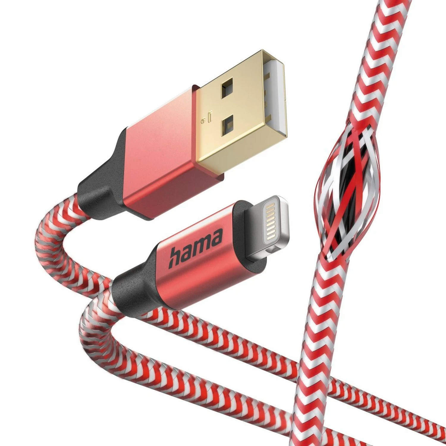 Red and white USB to Lightning cable, with a cutaway showing internal wires.