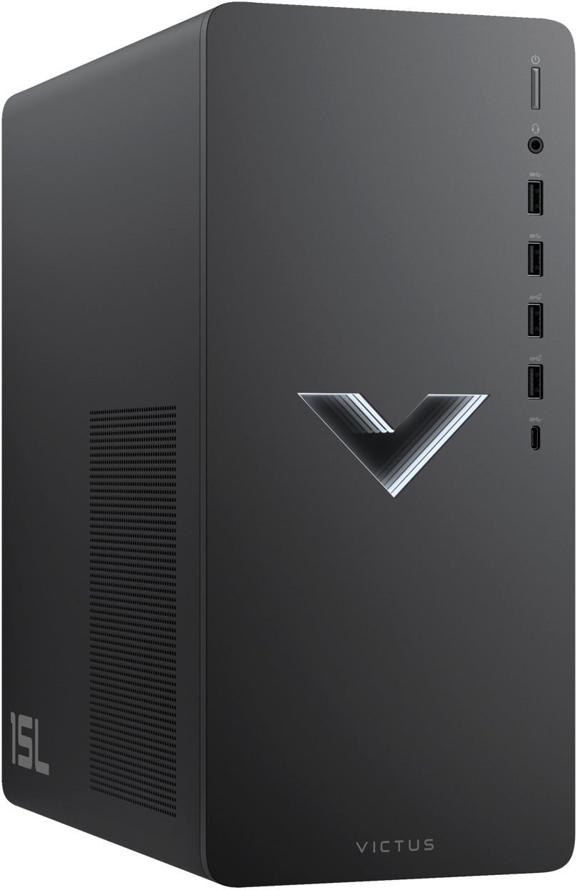 Een zwarte Victus gaming pc met een V-logo, poorten en de naam Victus aan de voorkant.