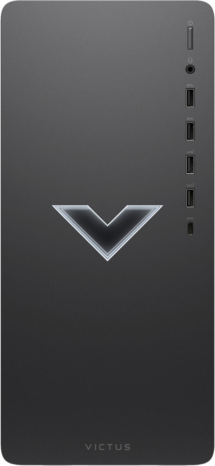 Zwarte computertoren met een verlicht V-vormig logo en diverse poorten.