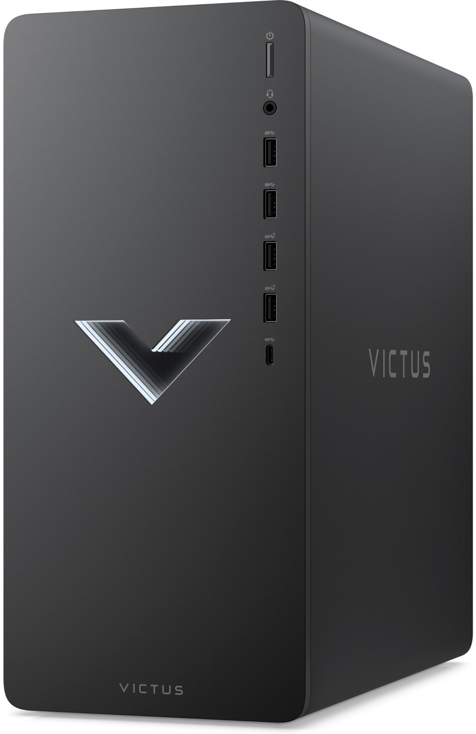 Zwarte desktop computer toren, met een V-vormig logo en het woord VICTUS op de zijkant.