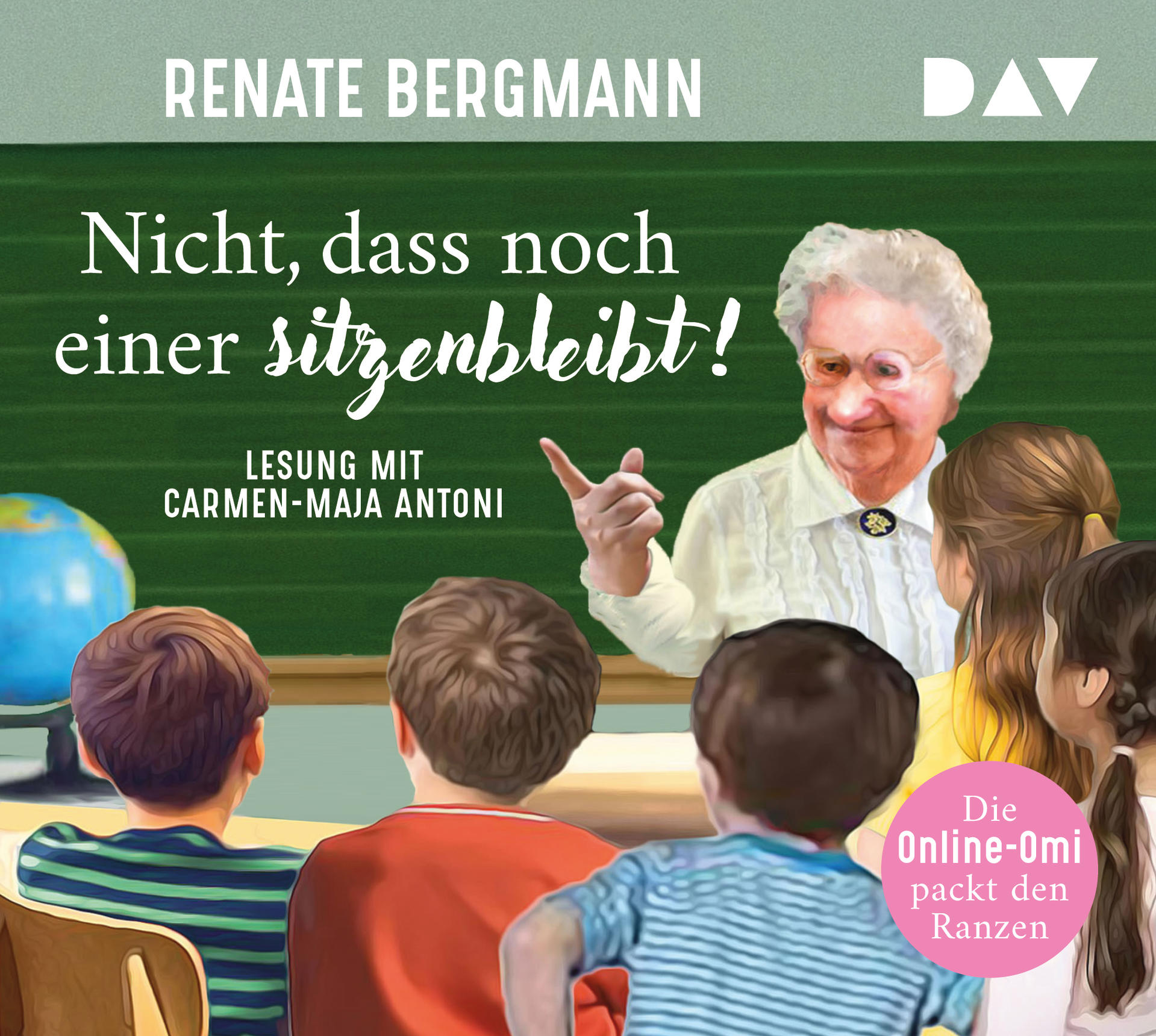 Buchcover mit Frau und Kindern. Titel auf Deutsch, Text über eine Lesung. Grüner Hintergrund.