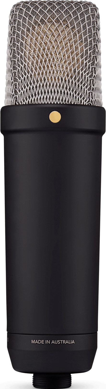 Microphone noir avec grille argentée et point doré. "MADE IN AUSTRALIA".