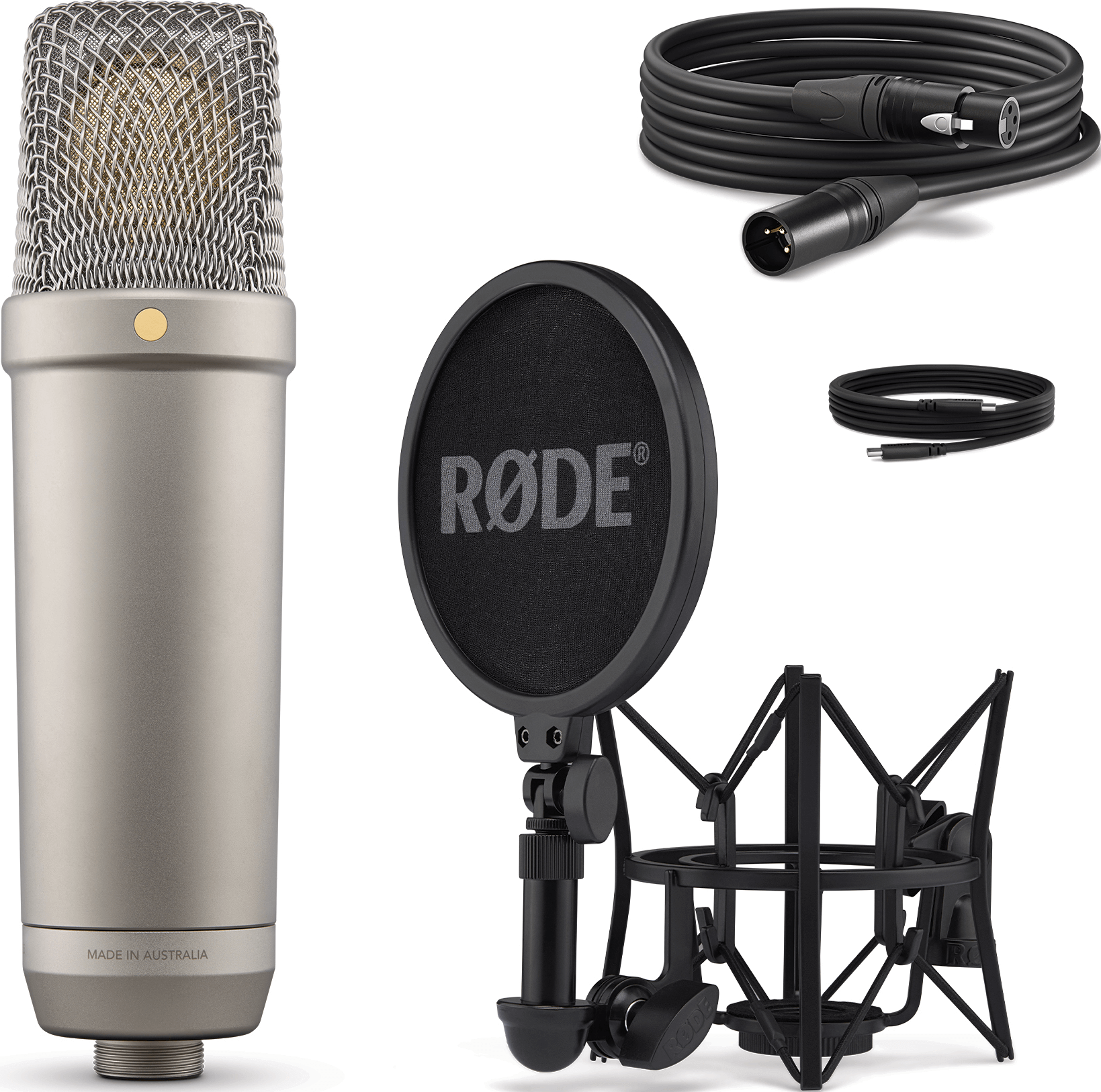 Microphone à condensateur argenté avec accessoires : suspension, filtre anti-pop et câbles.