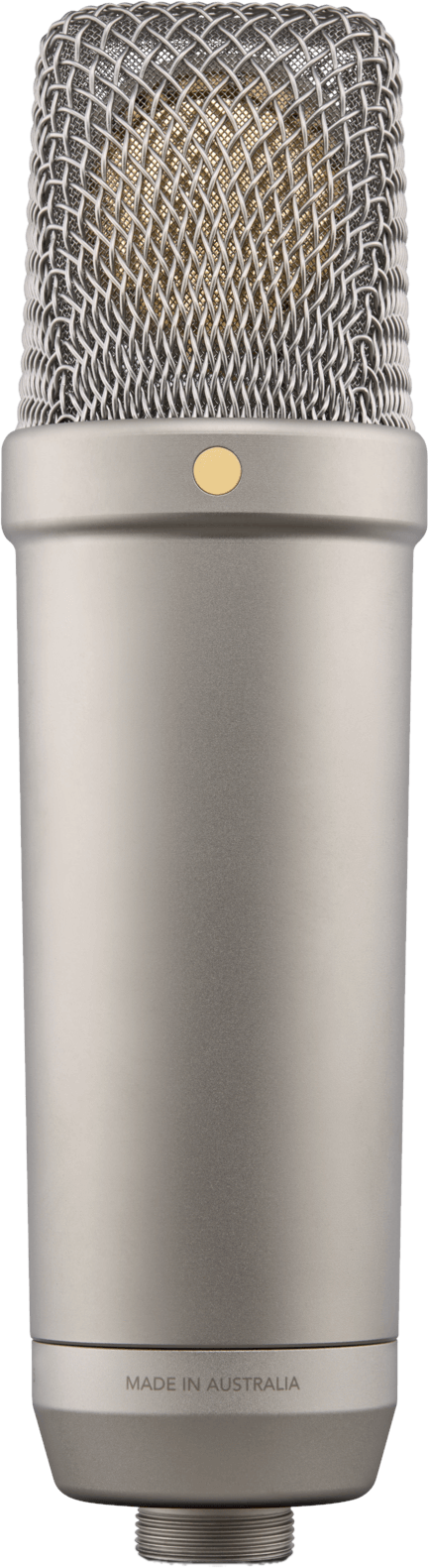 Un microphone à condensateur argenté avec une tête à grille en maille et un intérieur doré.