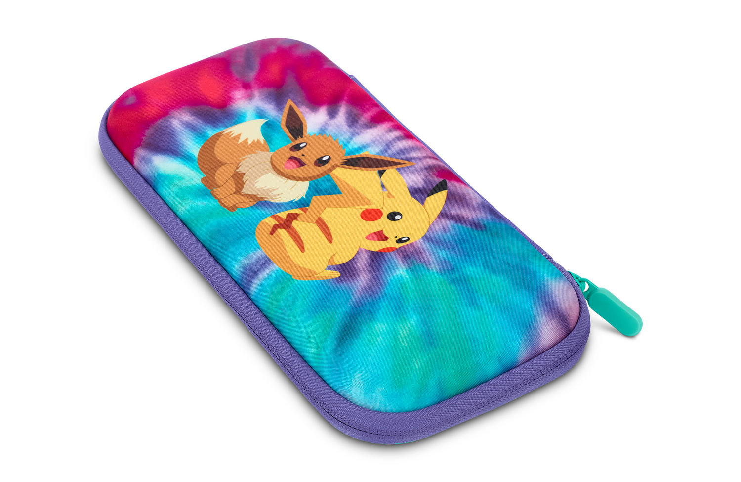 Estuche de Pokémon con Pikachu y Eevee sobre fondo tie-dye con borde morado.