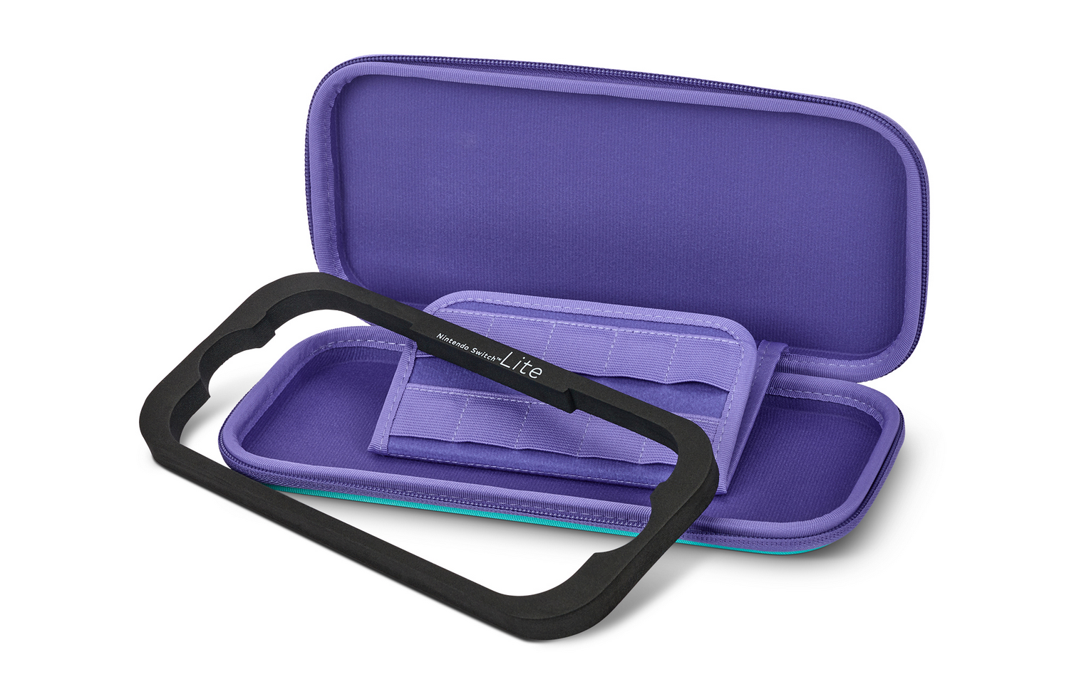 Una funda Nintendo Switch Lite, abierta. Interior morado, borde turquesa, con un marco de asa negro.