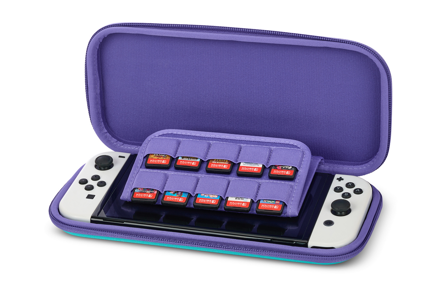 Estuche morado abierto, sosteniendo una Switch blanca con cartuchos de juego.